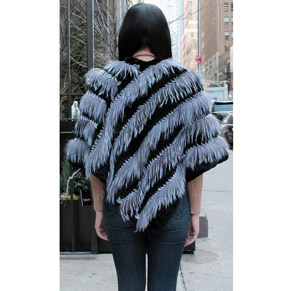 Silver Fox black Rex Rabbit Fur Poncho - Picture 4 of 4